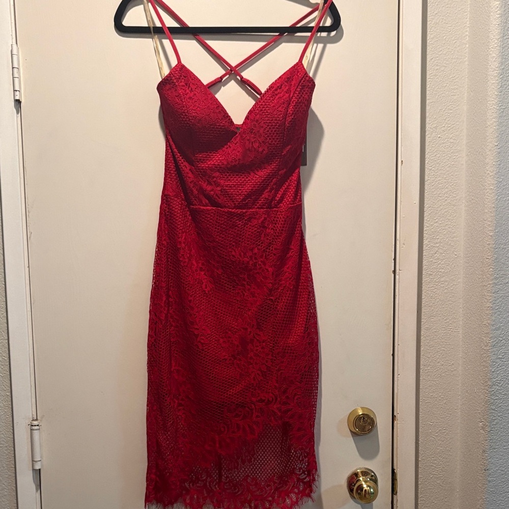 Trixxi Red Lace Midi Dress with Crisscross Back